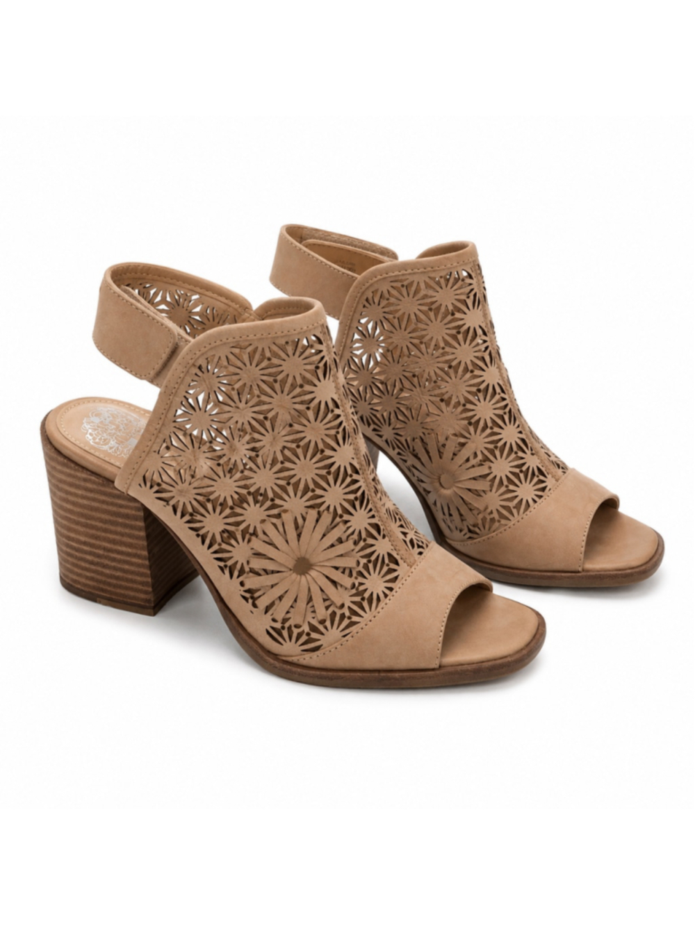 Vince Camuto Kalison Sandals Size 5 Tan Leather Laser Cut Block Heel Peep Toe